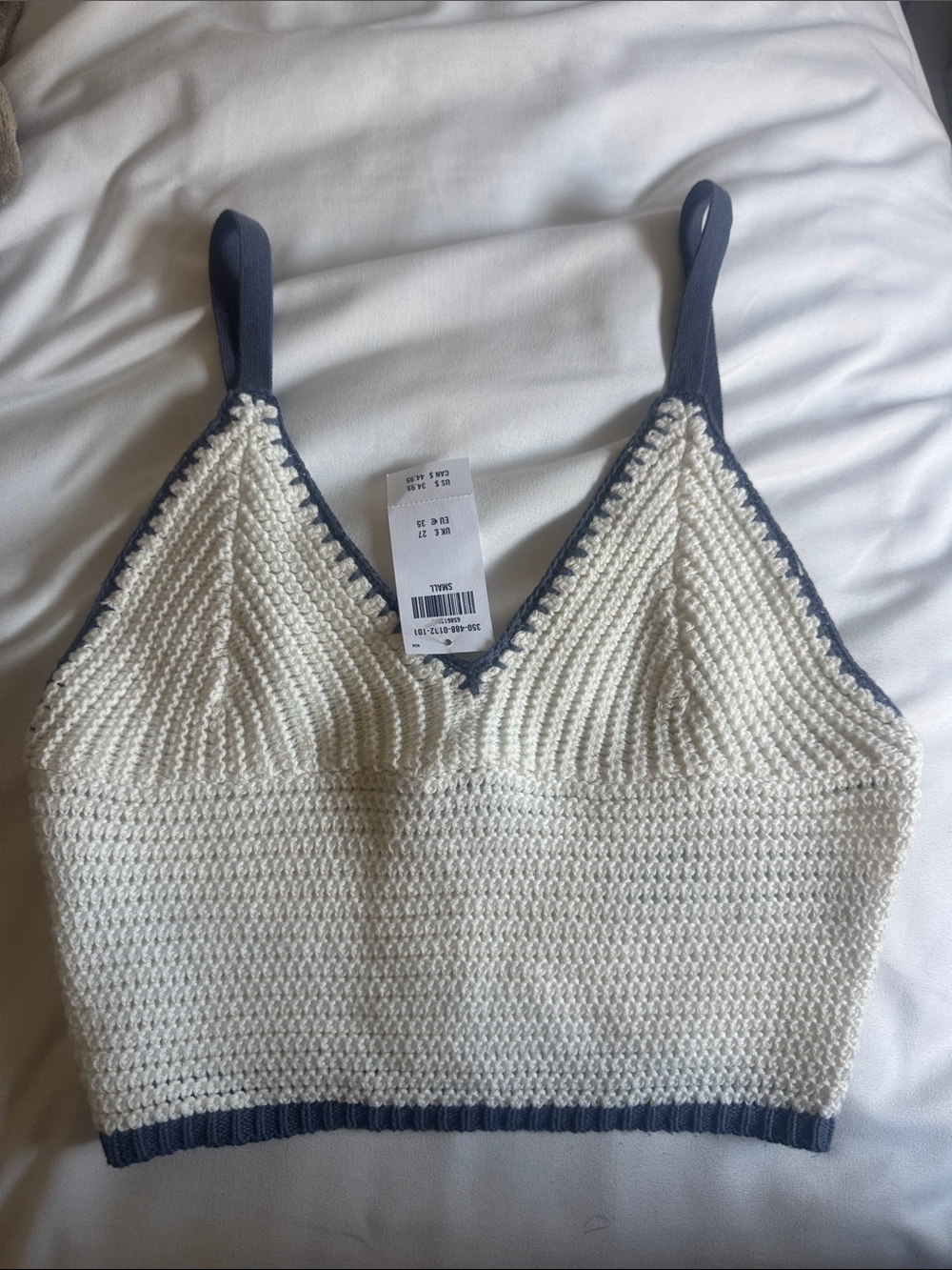 Hollister Cream Crochet Crop Top with Navy Trim